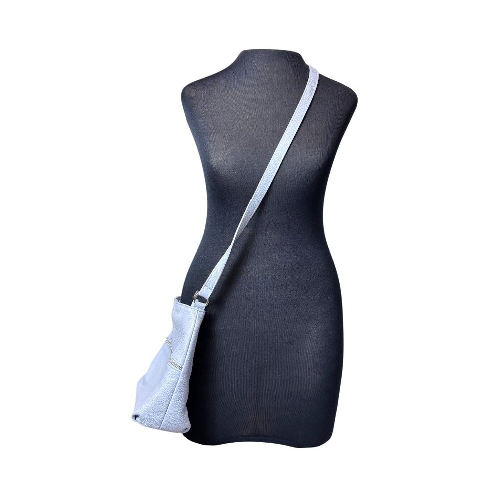 Italian-Made Light Blue Genuine Leather Shoulder Bag With Zip Closure & Tassel